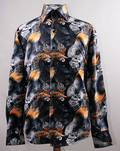 Men's Regular Fit Fancy Tonal Japanest Wave Pattern Sports Shirt in Black & Orange