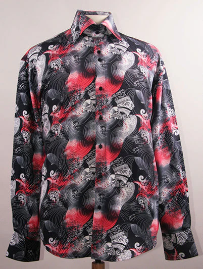 Men's Regular Fit Fancy Tonal Japanest Wave Pattern Sports Shirt in Black & Red
