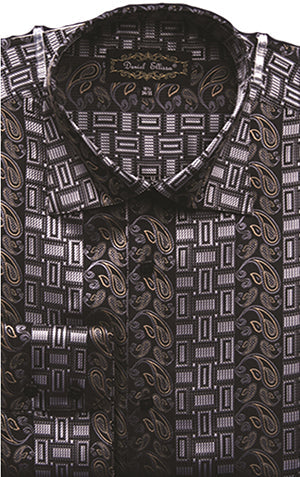 Men's Regular Fit Fancy Tonal Paisley Pattern Sports Shirt in Black