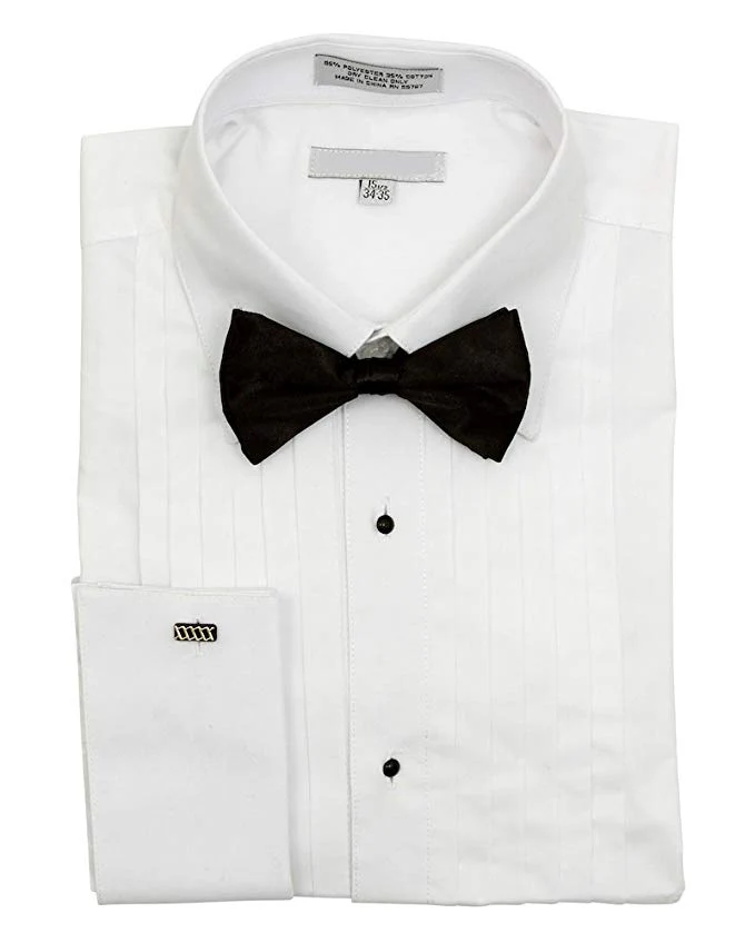 Men's Regular Fit Point Collar Half-Inch Pleat White Tuxedo Shirt and Bowtie Set