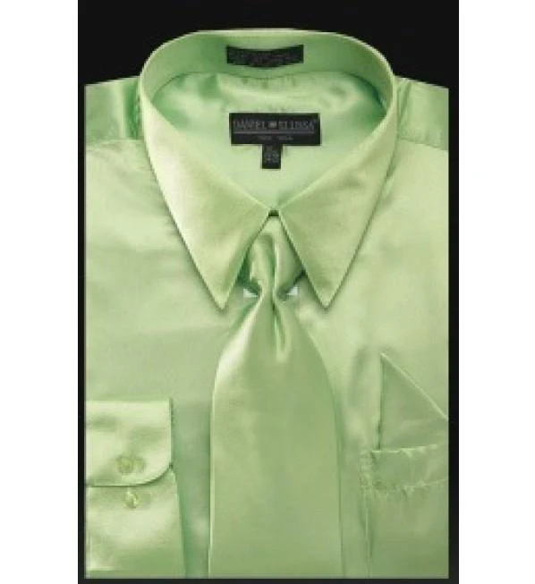 Men's Regular Fit Shiny Satin Dress Shirt, Tie & Pocket Square Set in Apple Green