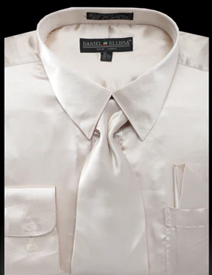 Men's Regular Fit Shiny Satin Dress Shirt, Tie & Pocket Square Set in Beige