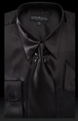 Men's Regular Fit Shiny Satin Dress Shirt, Tie & Pocket Square Set in Black | CLOSE OUT 17.5 34/35