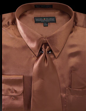 Men's Regular Fit Shiny Satin Dress Shirt, Tie & Pocket Square Set in Copper