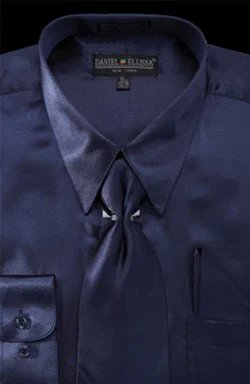 Men's Regular Fit Shiny Satin Dress Shirt, Tie & Pocket Square Set in Navy Blue