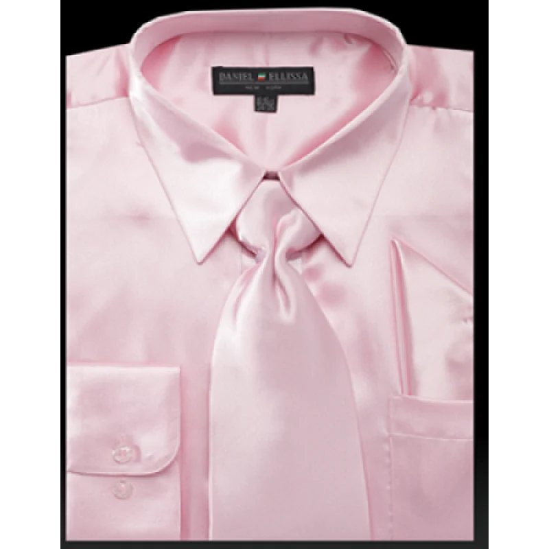 Men's Regular Fit Shiny Satin Dress Shirt, Tie & Pocket Square Set in Pink