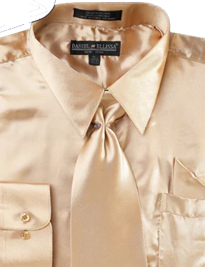 Men's Regular Fit Shiny Satin Dress Shirt, Tie & Pocket Square Set in Taupe