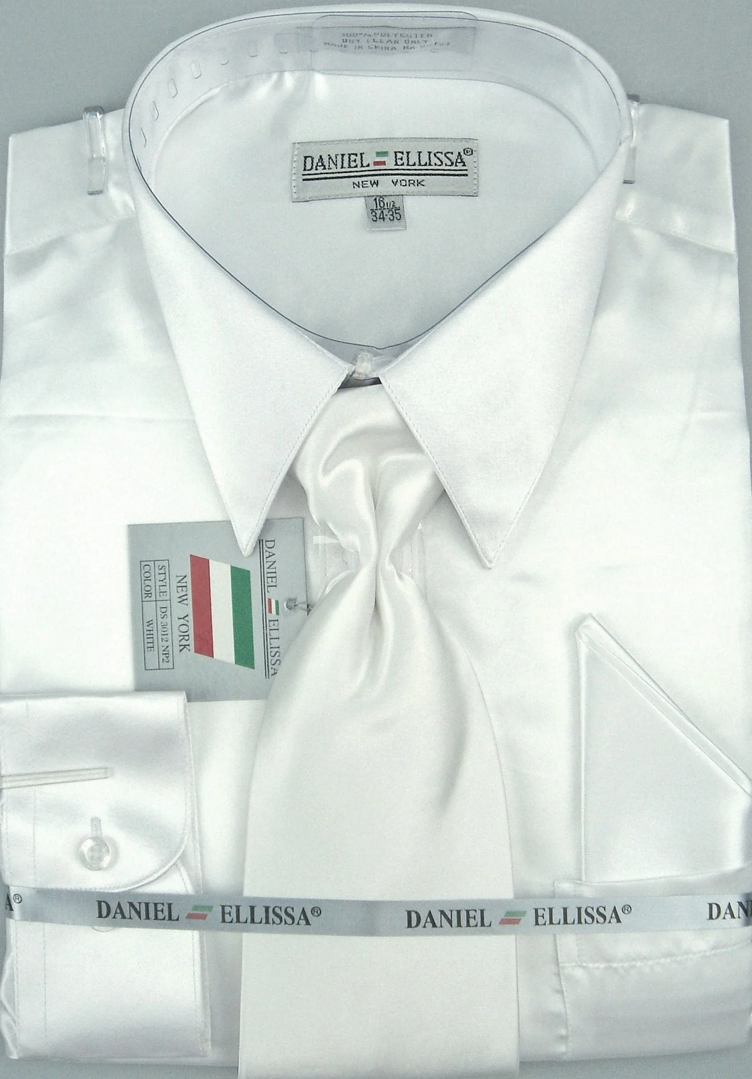 Men's Regular Fit Shiny Satin Dress Shirt, Tie & Pocket Square Set in White