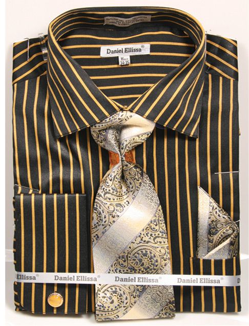 Men's Regular Fit Spread Collar Dress Shirt & Tie Set in Bold Gangster Black & Gold Pinstripe