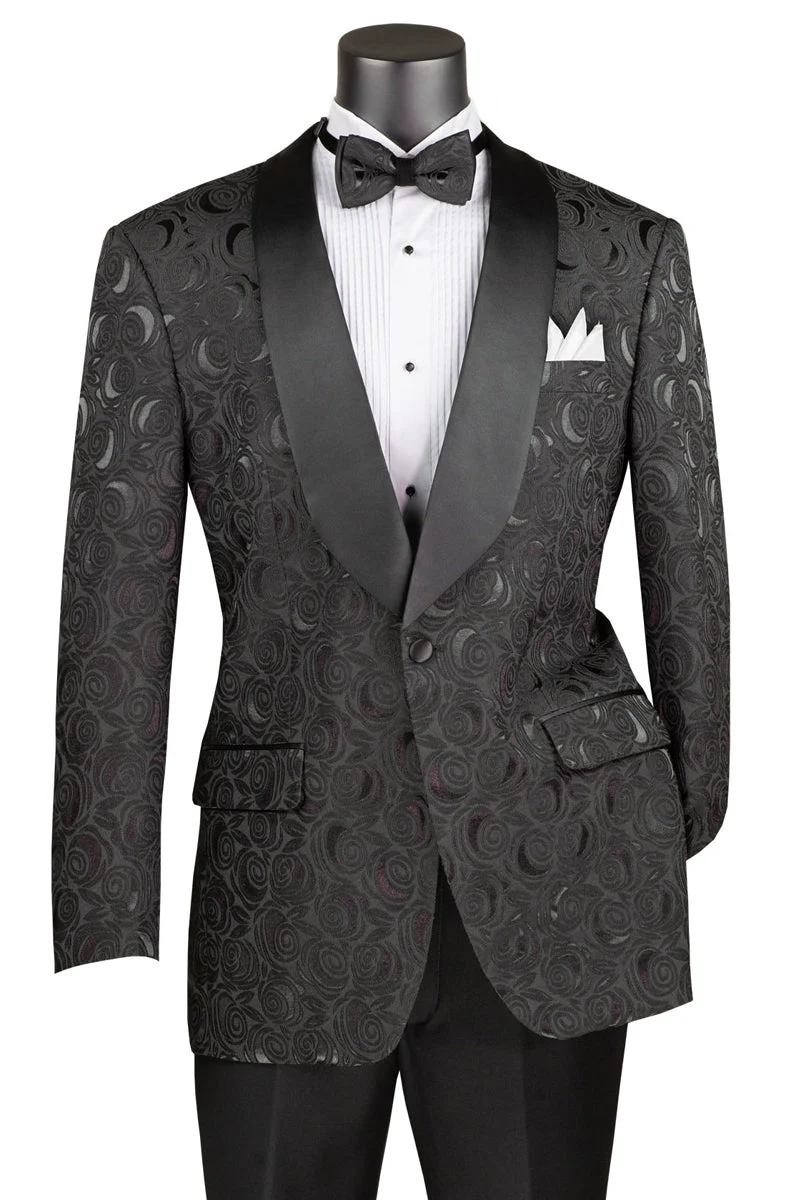 Men's Regular Fit Square Shawl Prom & Wedding Tuxedo Jacket in Black Paisley Rose Print