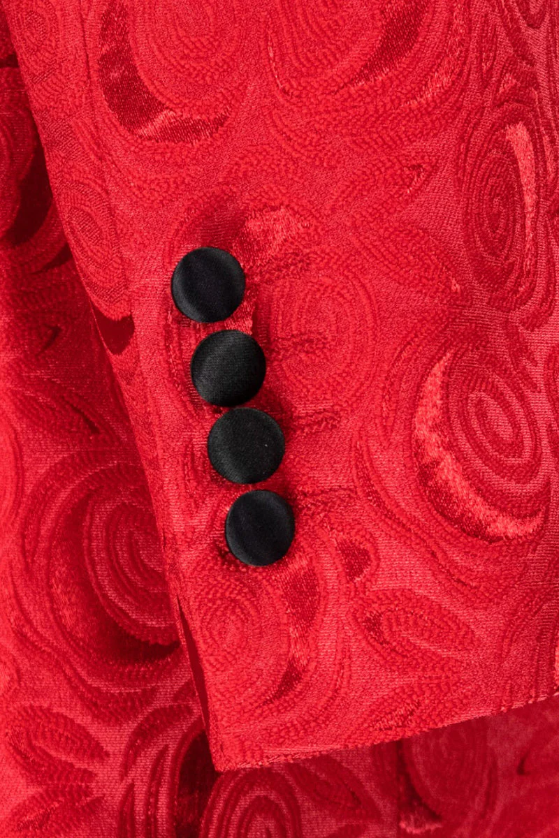 Men's Regular Fit Square Shawl Prom & Wedding Tuxedo Jacket in Red Paisley Rose Print - Image 2