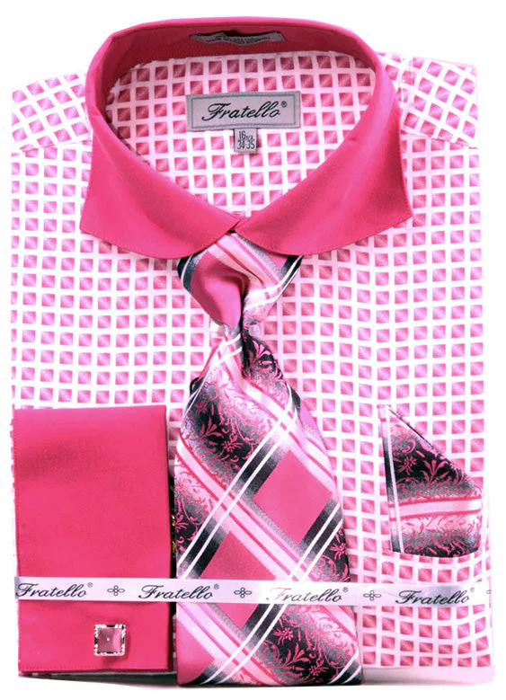 Men's Rounded Wide Spread Contast Collar French Cuff Shirt & Tie Set in Fucshia Check