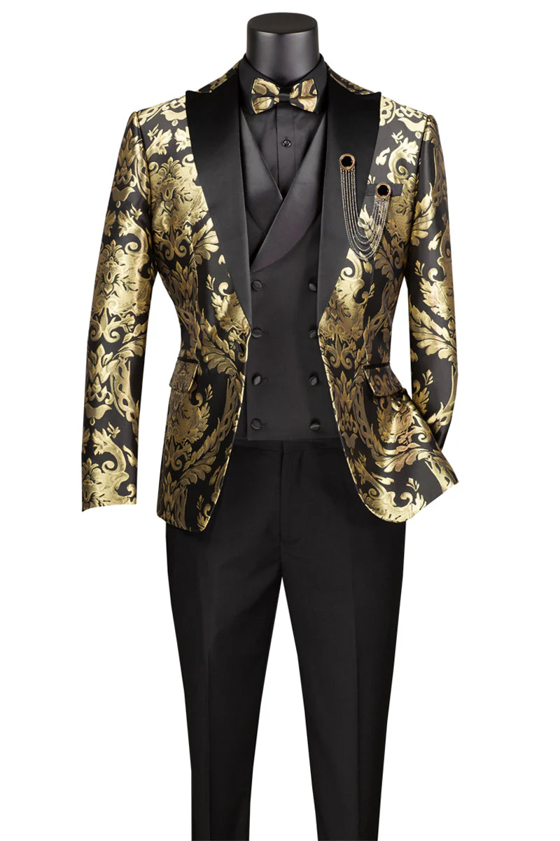 Men's Shiny Paisley Jacquard Vested Wedding & Prom Tuxedo in Black & Gold - Image 2