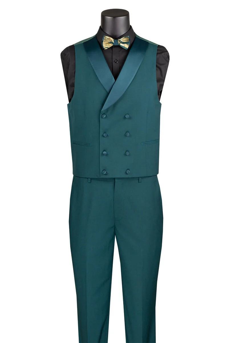 Men's Shiny Paisley Jacquard Vested Wedding & Prom Tuxedo in Emerald Green & Gold - Image 3