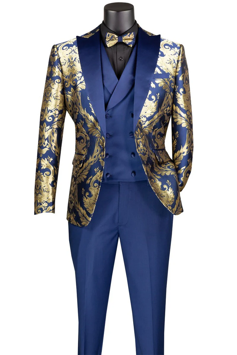 Men's Shiny Paisley Jacquard Vested Wedding & Prom Tuxedo in Navy Blue & Gold - Image 2