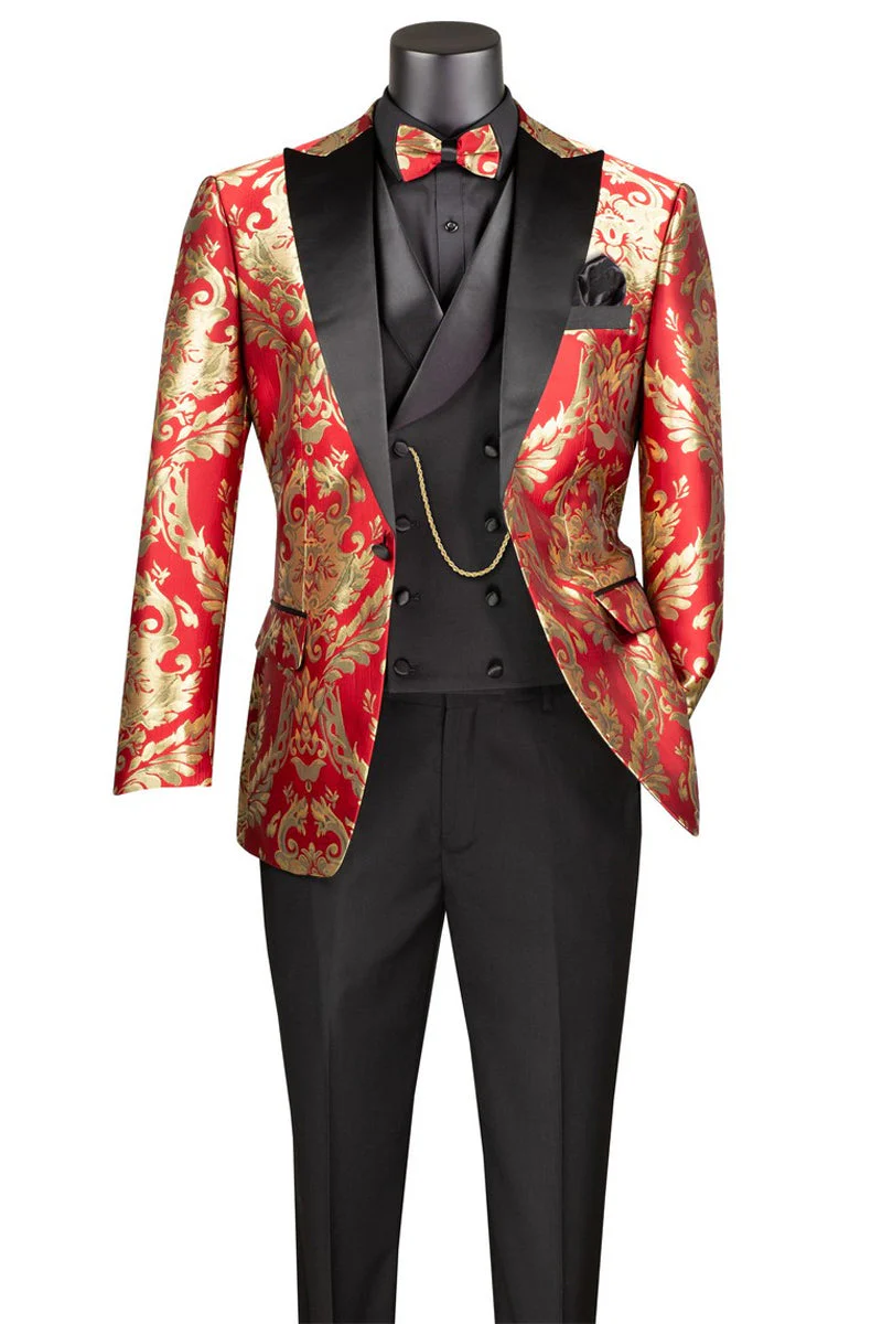 Men's Shiny Paisley Jacquard Vested Wedding & Prom Tuxedo in Red & Gold - Image 2