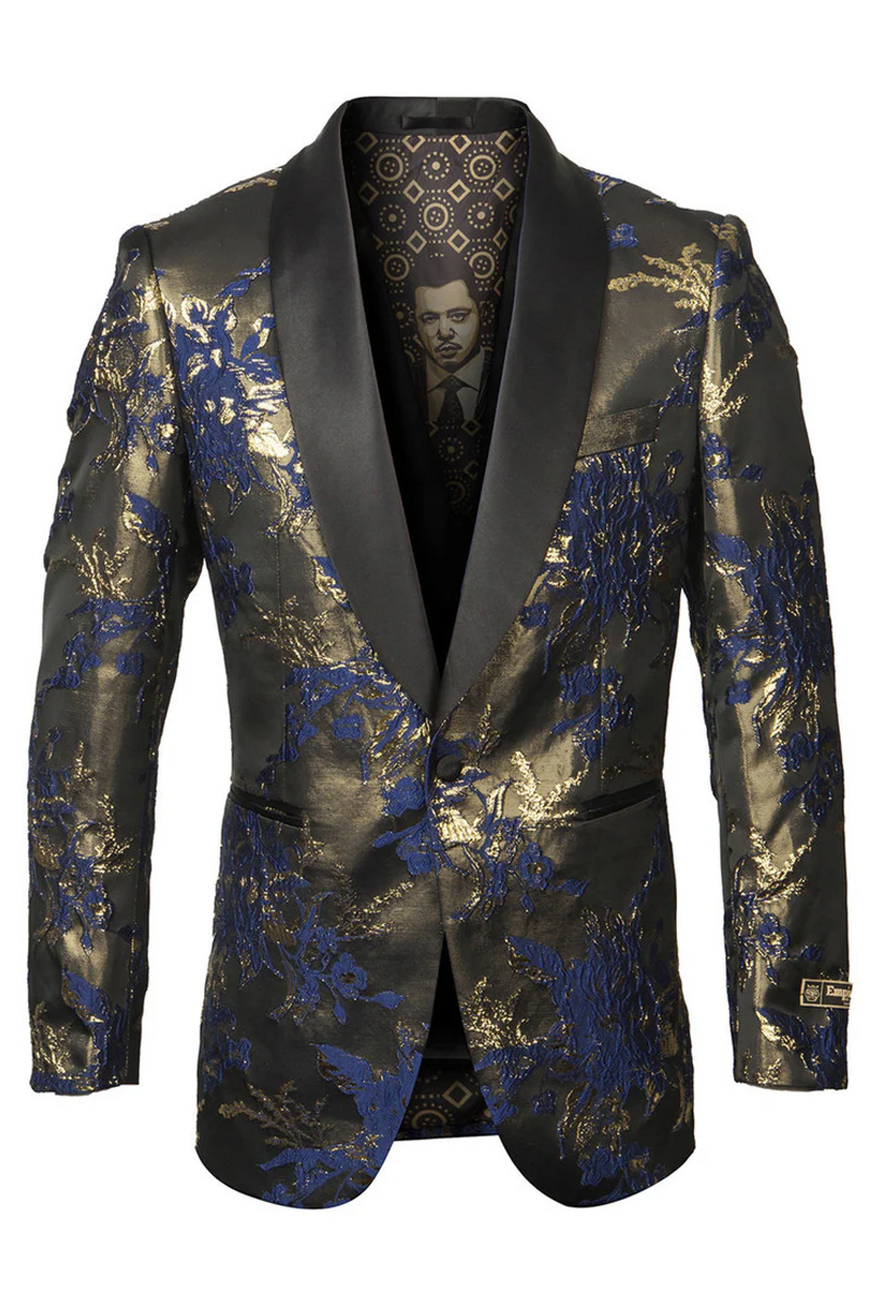 Men's Shiny Satin Paisley Prom Tuxedo Jacket in Navy & Gold