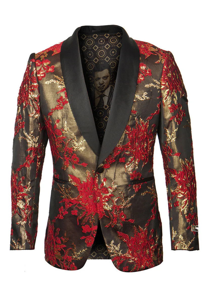 Men's Shiny Satin Paisley Prom Tuxedo Jacket in Red & Gold | CLOSE OUT XL