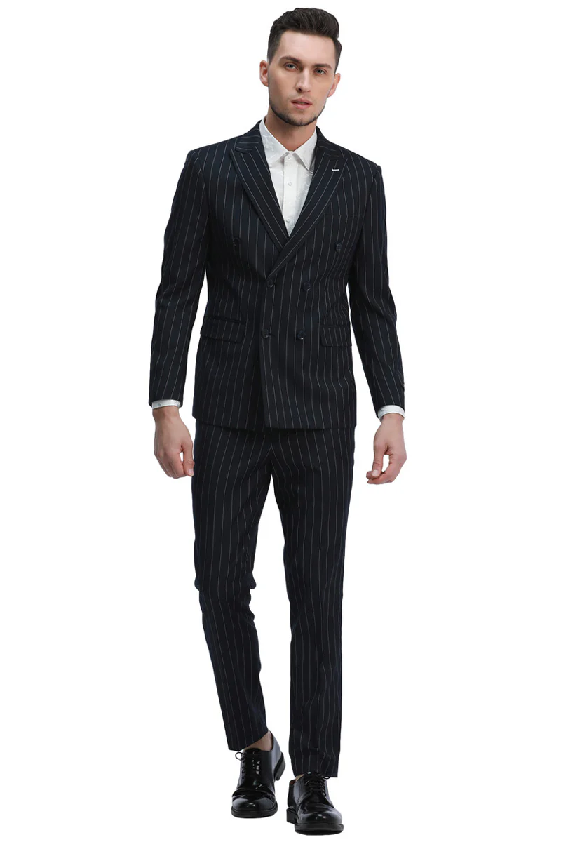 Men's Slim Fit Double Breasted Bold Gangster Pinstripe Suit in Black - Image 2