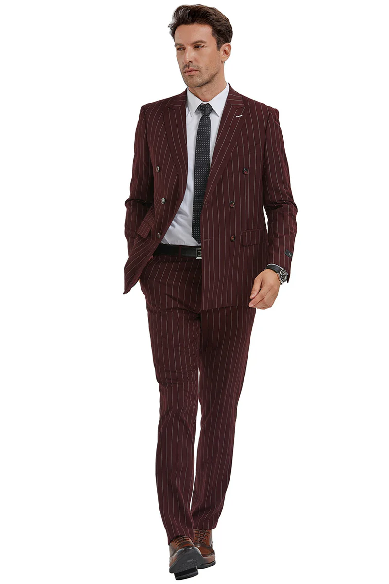 Men's Slim Fit Double Breasted Bold Gangster Pinstripe Suit in Burgundy - Image 2