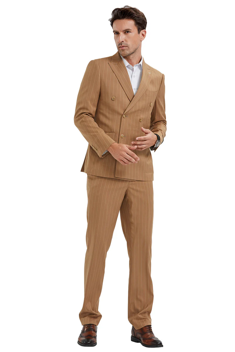Men's Slim Fit Double Breasted Bold Gangster Pinstripe Suit in Camel - Image 2