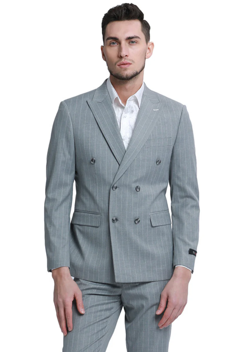 Men's Slim Fit Double Breasted Bold Gangster Pinstripe Suit in Grey