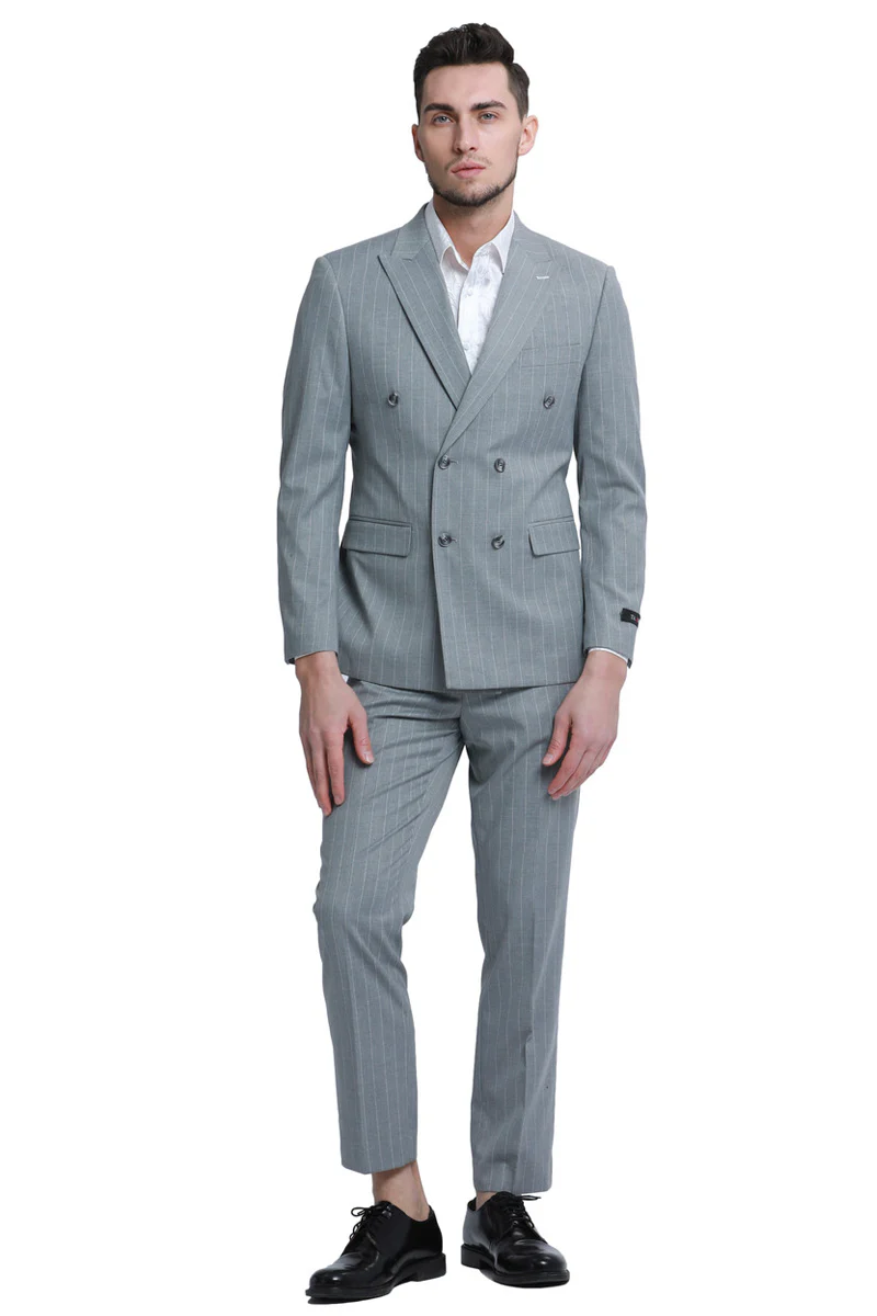 Men's Slim Fit Double Breasted Bold Gangster Pinstripe Suit in Grey - Image 2