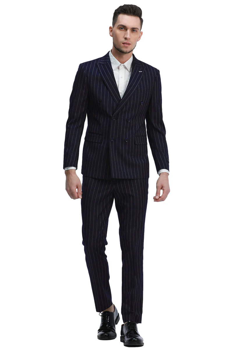 Men's Slim Fit Double Breasted Bold Gangster Pinstripe Suit in Navy Blue - Image 2