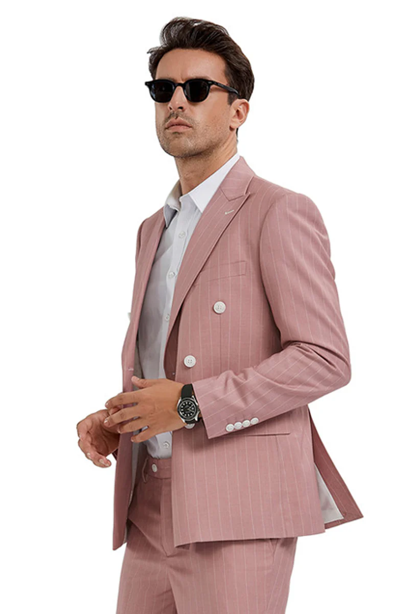 Men's Slim Fit Double Breasted Bold Gangster Pinstripe Suit in Pink