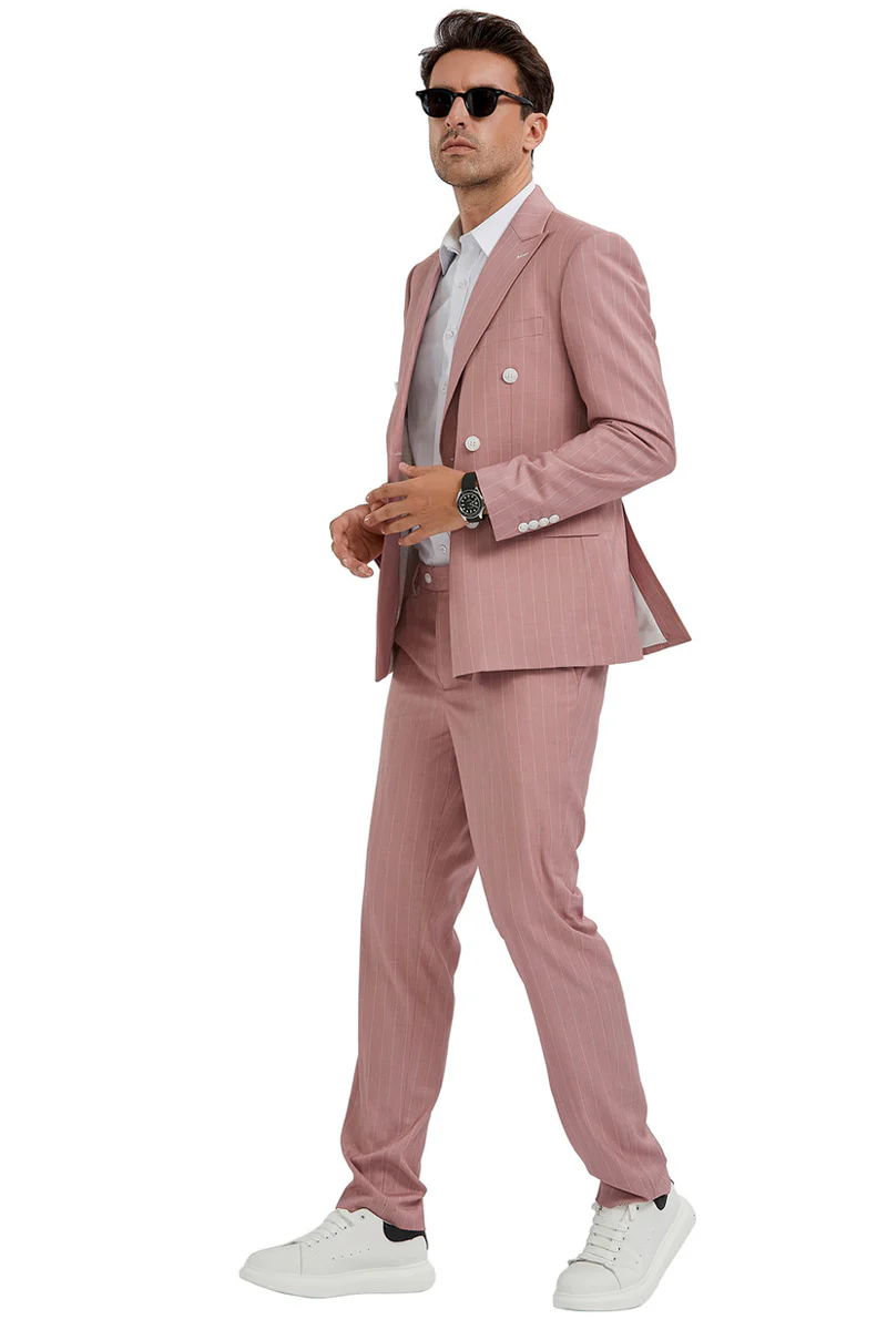 Men's Slim Fit Double Breasted Bold Gangster Pinstripe Suit in Pink - Image 2