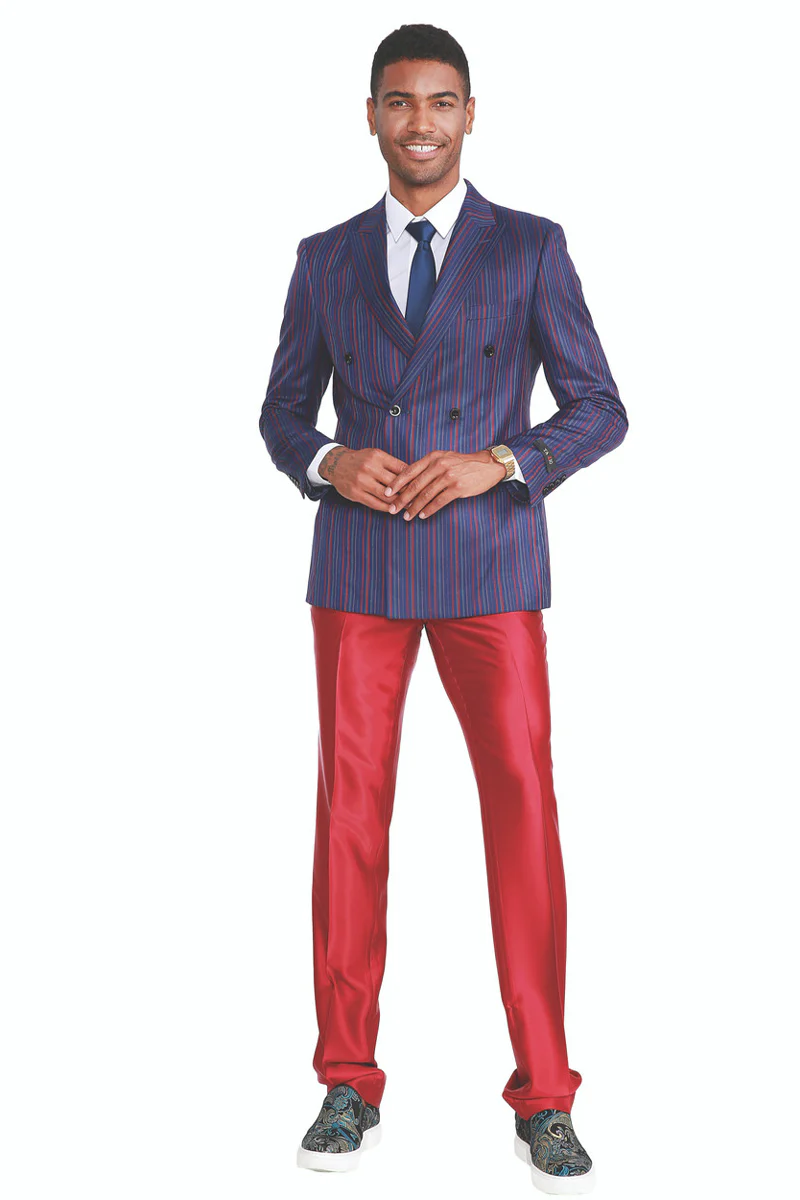 Men's Slim Fit Double Breasted Fashion Suit in Navy Blue with Red Pinstripes and Red Satin Pants - Image 2