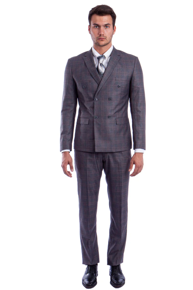 Men's Slim Fit Double Breasted Glen Plaid Suit in Charcoal Grey - Image 2