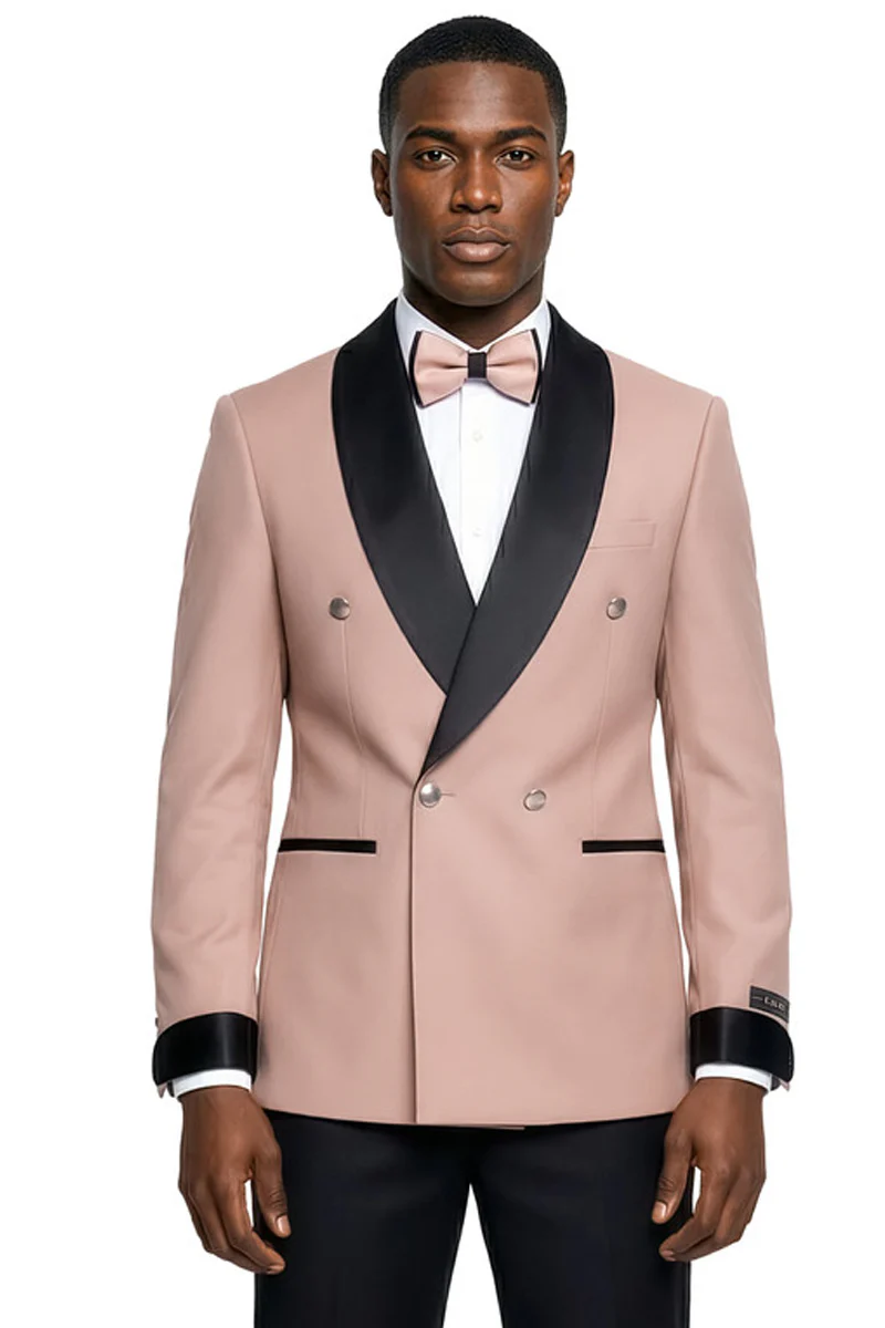 Men's Slim Fit Double Breasted Shawl Lapel Smoking Jacket Tuxedo in Blush Pink