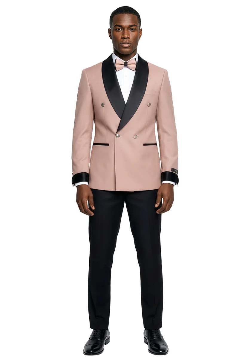 Men's Slim Fit Double Breasted Shawl Lapel Smoking Jacket Tuxedo in Blush Pink - Image 2