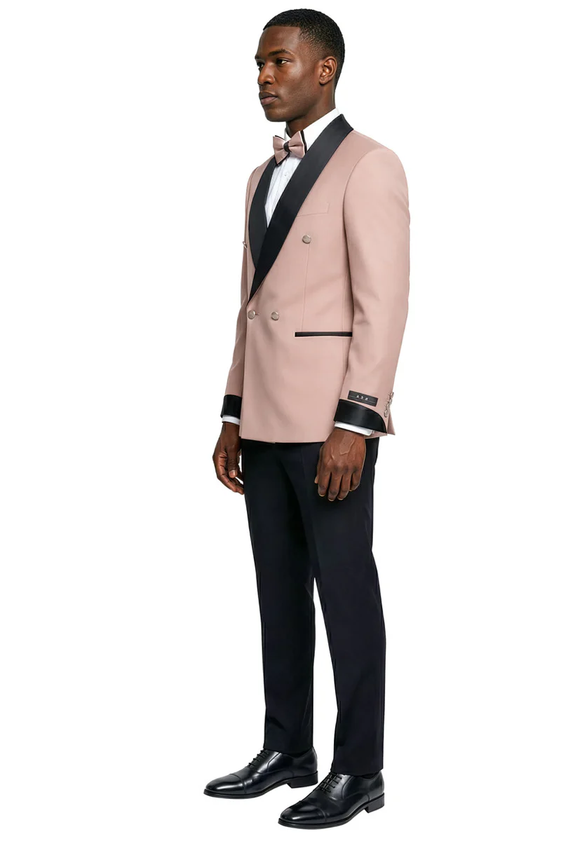Men's Slim Fit Double Breasted Shawl Lapel Smoking Jacket Tuxedo in Blush Pink - Image 3