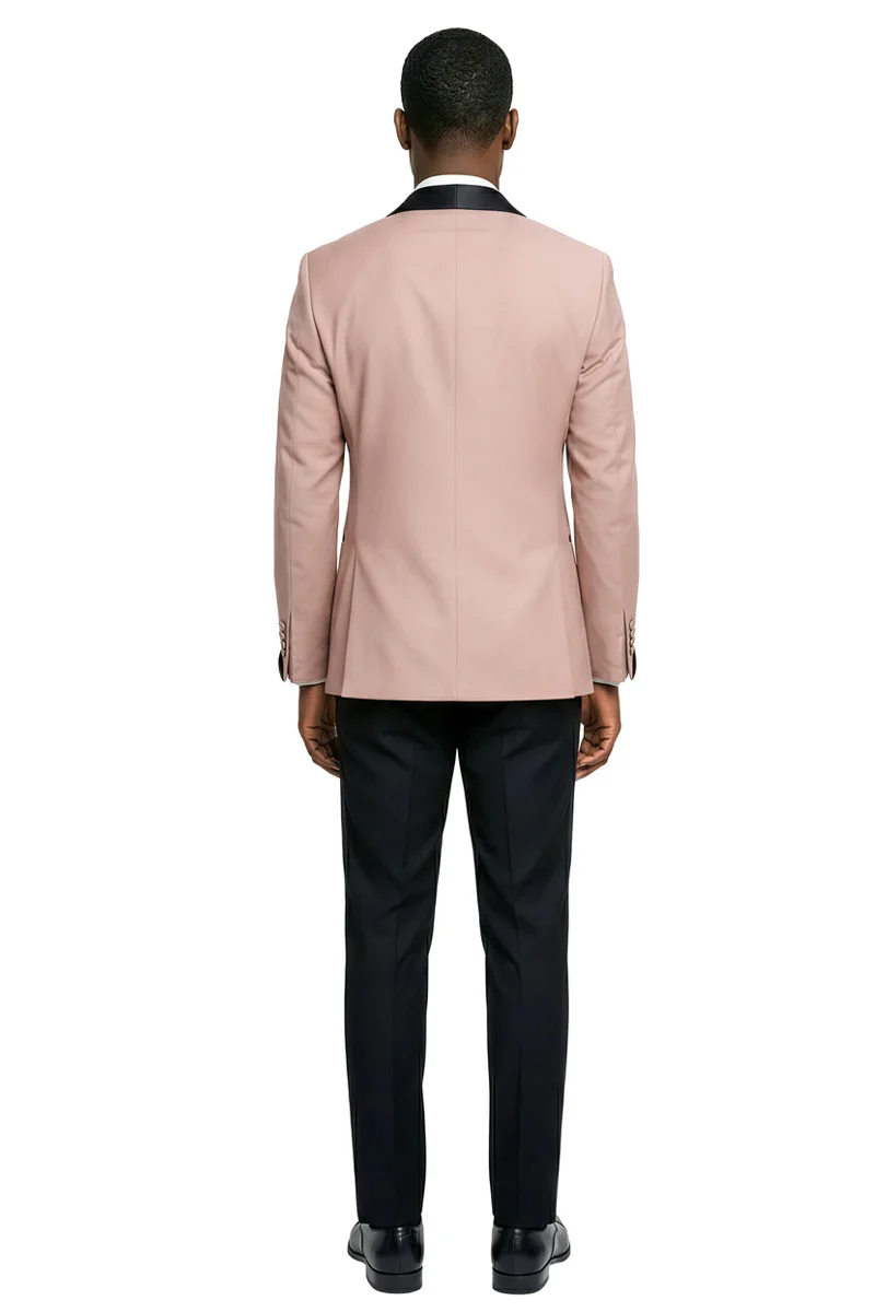 Men's Slim Fit Double Breasted Shawl Lapel Smoking Jacket Tuxedo in Blush Pink - Image 4