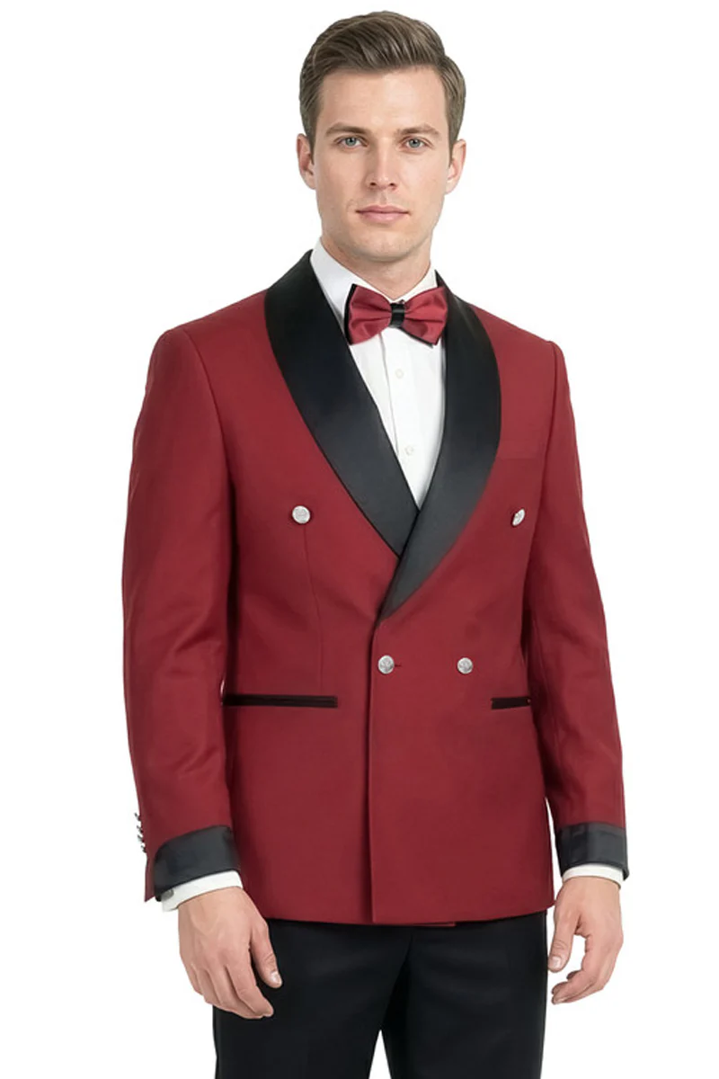 Men's Slim Fit Double Breasted Shawl Lapel Smoking Jacket Tuxedo in Dark Red