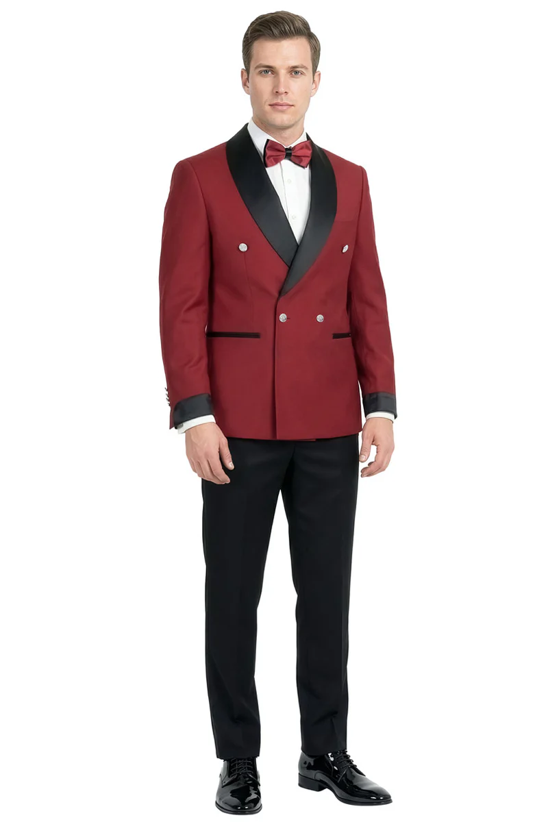 Men's Slim Fit Double Breasted Shawl Lapel Smoking Jacket Tuxedo in Dark Red - Image 2