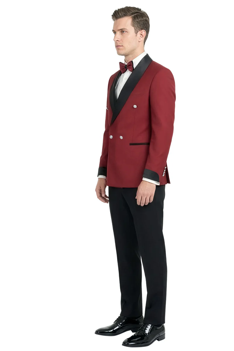 Men's Slim Fit Double Breasted Shawl Lapel Smoking Jacket Tuxedo in Dark Red - Image 3