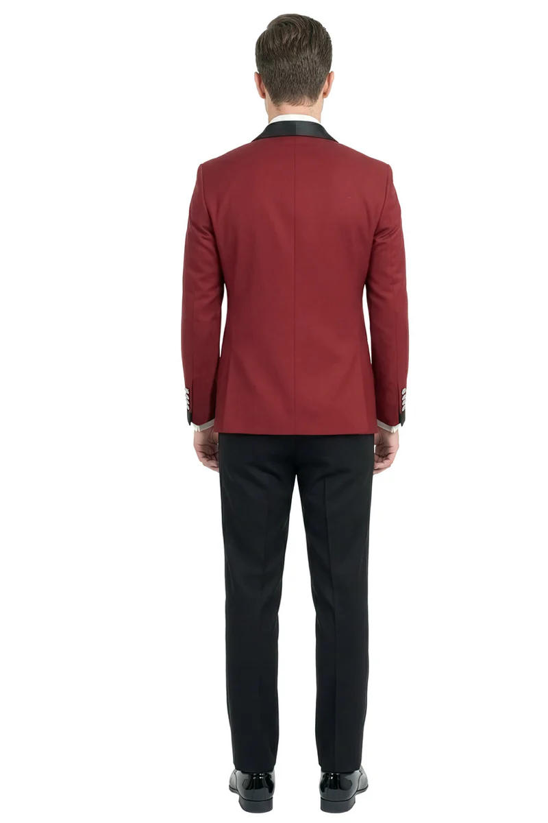 Men's Slim Fit Double Breasted Shawl Lapel Smoking Jacket Tuxedo in Dark Red - Image 4