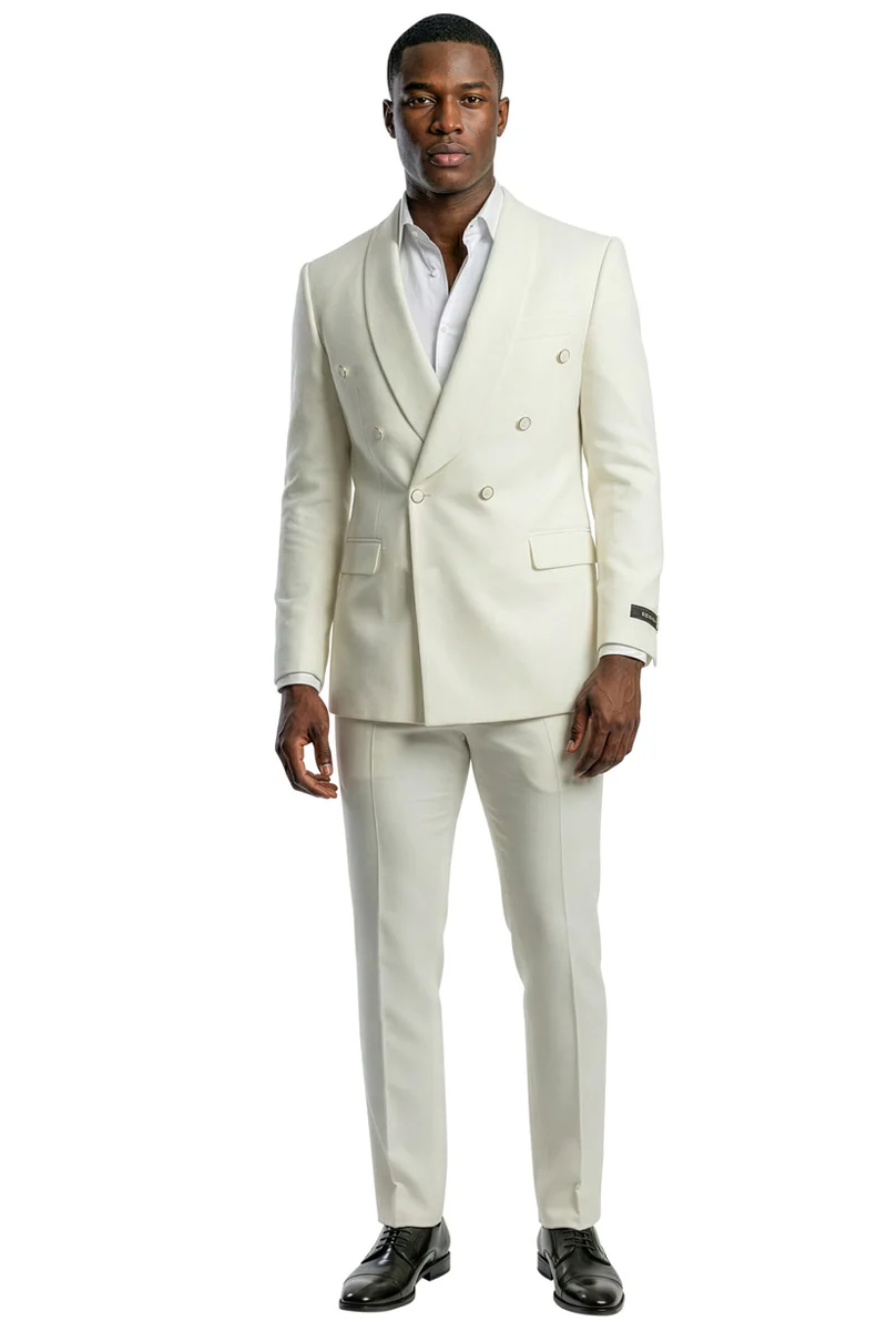 Men's Slim Fit Double Breasted Shawl Lapel Wedding Suit in Ivory - Image 2