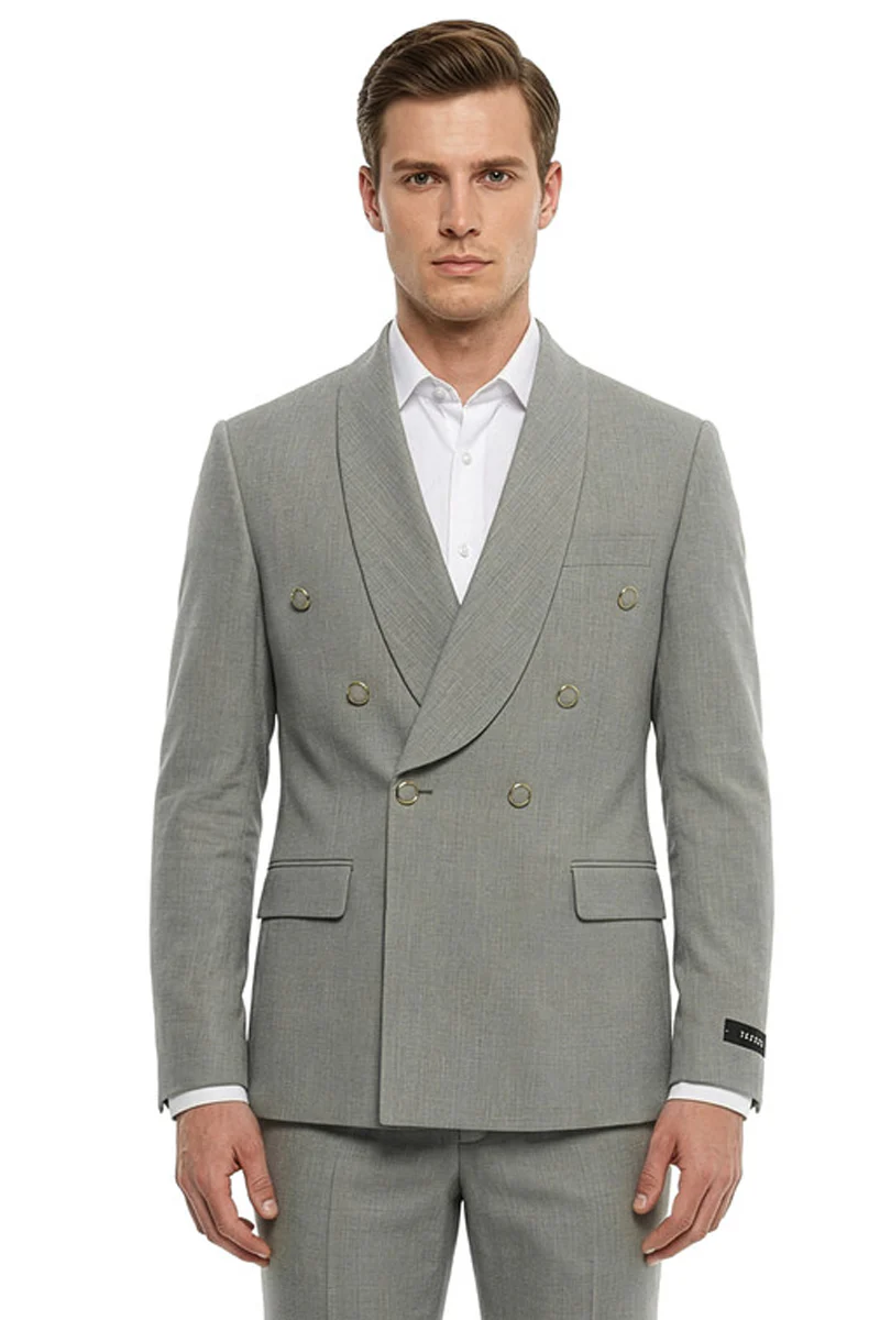 Men's Slim Fit Double Breasted Shawl Lapel Wedding Suit in Medium Grey