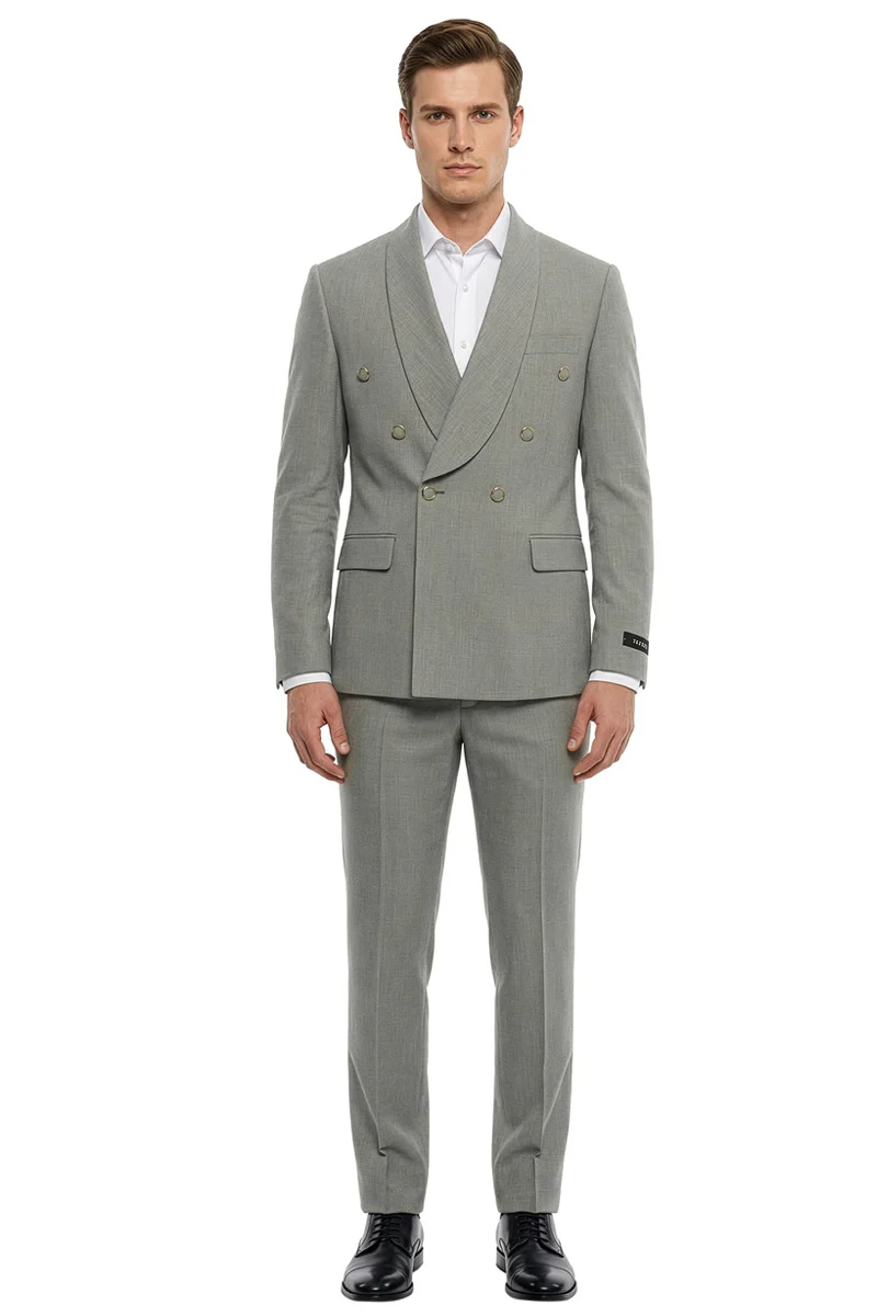 Men's Slim Fit Double Breasted Shawl Lapel Wedding Suit in Medium Grey - Image 2