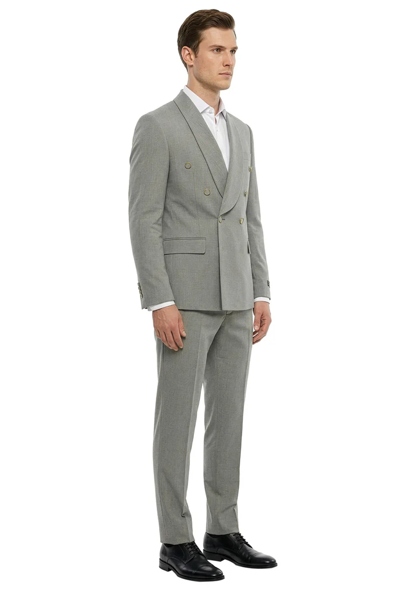 Men's Slim Fit Double Breasted Shawl Lapel Wedding Suit in Medium Grey - Image 3