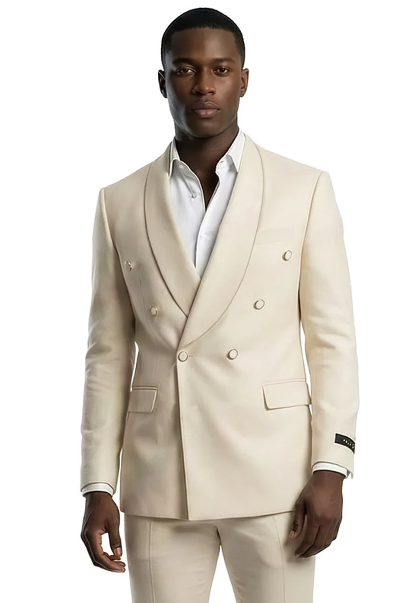 Men's Slim Fit Double Breasted Shawl Lapel Wedding Suit in Tan