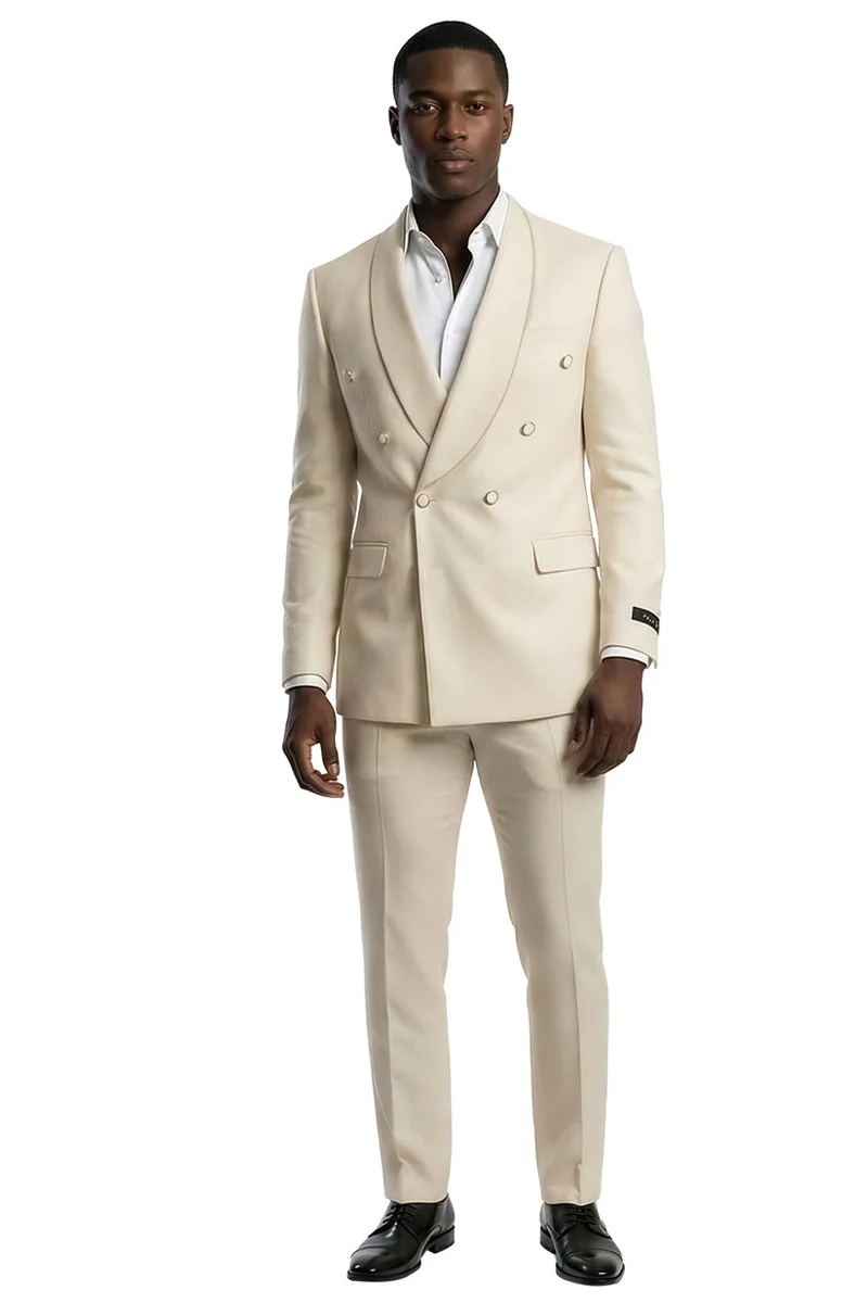 Men's Slim Fit Double Breasted Shawl Lapel Wedding Suit in Tan - Image 2