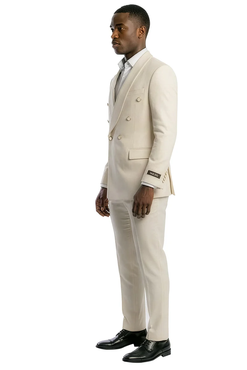 Men's Slim Fit Double Breasted Shawl Lapel Wedding Suit in Tan - Image 3