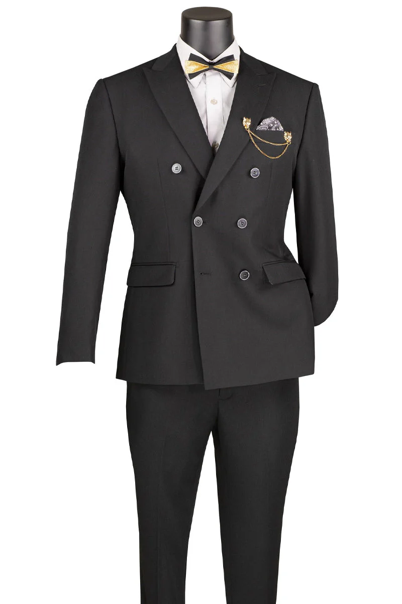 Men's Slim Fit Double Breasted Stretch Suit in Black - Image 2