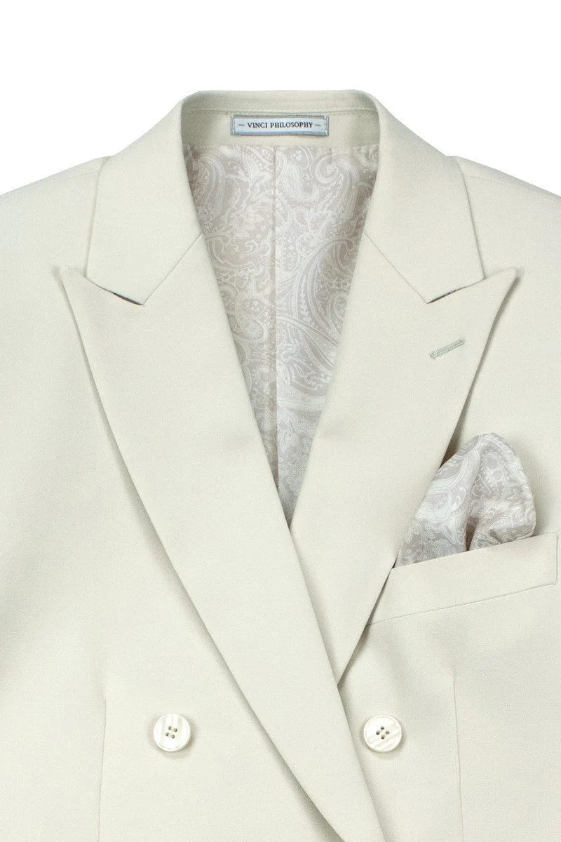 Men's Slim Fit Double Breasted Stretch Suit in Ivory Off White - Image 3