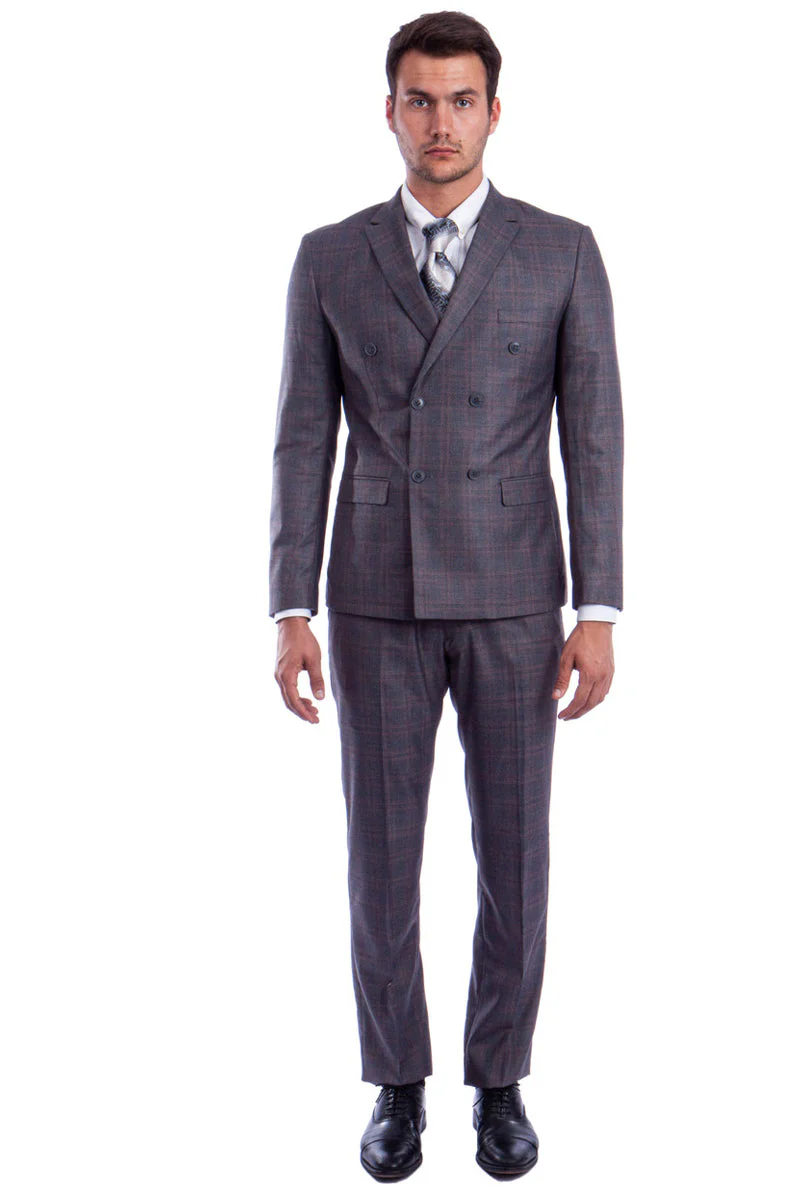 Men's Slim Fit Double Breasted Suit in Charcoal Windowpane Plaid - Image 2